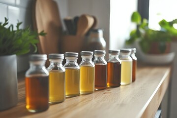 Wall Mural - Variety of bottled oils displayed on a wooden counter in a bright kitchen setting