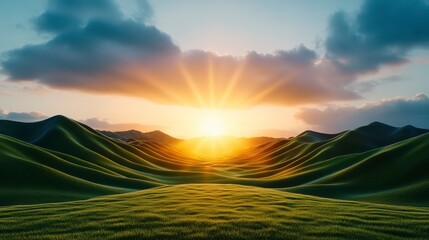 Poster - Sunset over a stylized, low poly landscape of rolling green hills. Warm golden light rays emanate from the sun, casting a soft glow across the scene