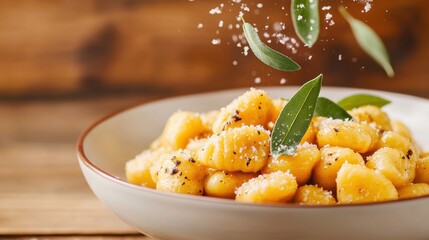 A delicious plate of gnocchi garnished with fresh herbs and sprinkled with seasoning, set against a rustic wooden background.