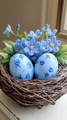 Wall Mural - Colorful blue eggs in a woven nest surrounded by vibrant spring flowers