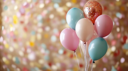 Wall Mural - Colorful balloons with confetti against a soft blue background for a festive celebration