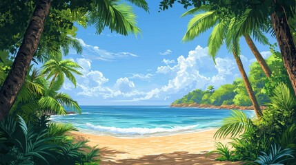 Wall Mural - Tropical beach landscape with clear waters and lush greenery under a sunny sky