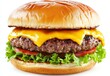 © A4719 - Juicy grilled beef patty cheeseburger with melted cheese, crisp lettuce, and tomato on a toasted bun. Close up studio shot on white background
