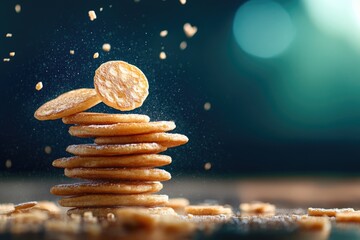 Crispy snack stacking action indoor setting food photography dynamic environment close-up view culinary delight concept