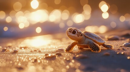 Wall Mural - Baby turtle crawls towards the ocean during golden hour reflecting sunlight on calm water