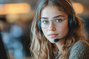 Wall Mural - Woman wearing a headset and glasses while working on a computer in a modern office environment