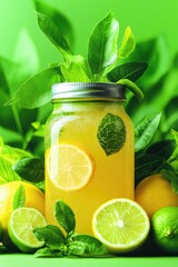 Wall Mural - Refreshing Citrus Lemonade in a Jar with Fresh Accompanying Fruits and Vibrant Green Background