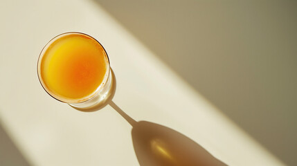 Bright glass of orange juice casting a shadow on a light surface in a sunlit setting during morning hours.