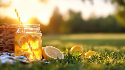 Wall Mural - Refreshing Iced Lemon Tea in a Jar on Grass at Sunset Outdoors