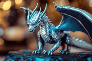 A Silver Dragon Figurine Perches on Dark Rock