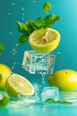 Wall Mural - Refreshing Lemon and Mint Splash with Ice on a Vibrant Aqua Background