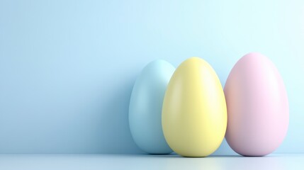 Wall Mural - Three pastel colored eggs sit on a light blue background. The eggs are pale blue, yellow, and pink, and are positioned slightly apart. The image is