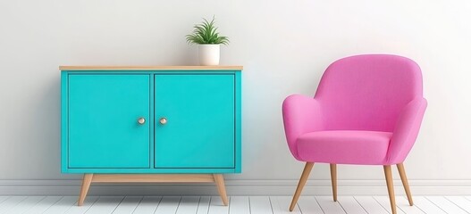 Wall Mural - A pink armchair and a teal blue cabinet are positioned against a white wall. A small potted plant sits atop the cabinet. The room is bright and airy