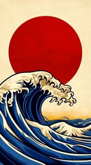 Wall Mural - Pixel art depicting a large ocean wave with blue and beige tones, set against a beige background with a large red sun. The style evokes traditional