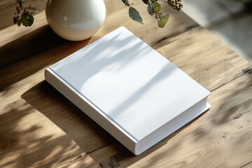 Wall Mural - White Book Rests on Wooden Table in Sunlight