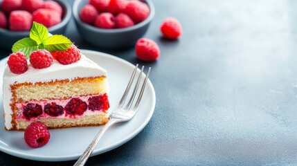 Wall Mural - A slice of delicious raspberry cake with creamy frosting, garnished with fresh raspberries and mint, sits on a plate. Bowls of raspberries are in the