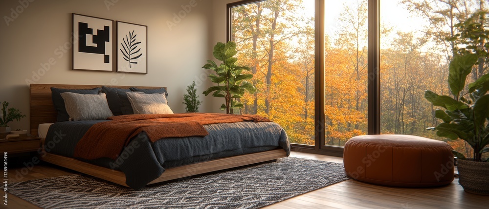 Cozy bedroom interior featuring a bed large window and an accessory ...