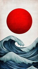 Wall Mural - Stylized depiction of a large red sun rising above powerful blue ocean waves, textured background evokes a sense of traditional art