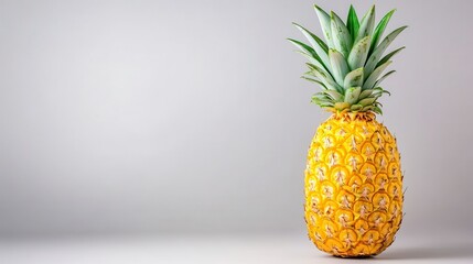 Wall Mural - Close up view of a single ripe pineapple with a yellow gold skin and spiky green crown, set against a plain light grey background. The image has a