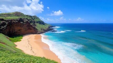 Secluded beach cove with golden sand, turquoise water, and dark volcanic cliffs under a bright sunny sky. Lush green vegetation borders the shore