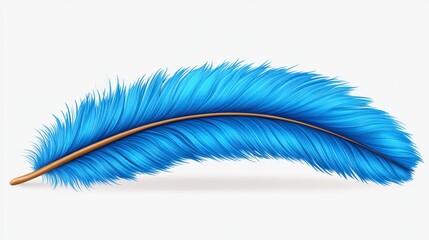 Wall Mural - Single blue feather with brown quill, isolated on white background. Soft light, detailed texture, curved shape. Digitally enhanced image