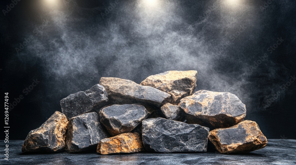 Pile of dark and gray geometric rocks on a solid black background for ...