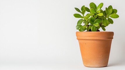 Canvas Print - Small green plant in a terracotta pot against a white background. The pot is slightly textured, and the plant has vibrant green leaves. Simple