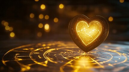 Poster - Golden heart glowing on magic circle with bokeh lights background, perfect for fantasy, spiritual, and esoteric themes