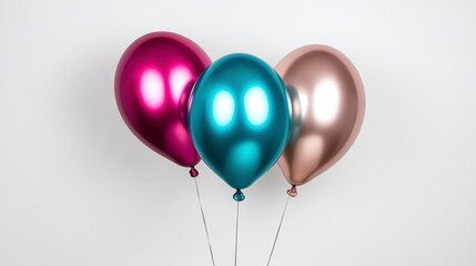 Wall Mural - Three metallic balloons in pink, teal, and rose gold against a plain white background. The balloons are clustered together, their reflective surfaces