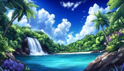 Wall Mural - A lush tropical paradise scene with a cascading waterfall flowing into a serene blue lagoon, surrounded by vibrant green foliage and palm trees under