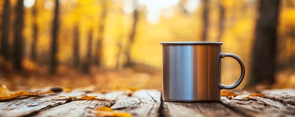 Wall Mural - Metal mug is sitting on a wooden table in a forest full of yellow and orange trees