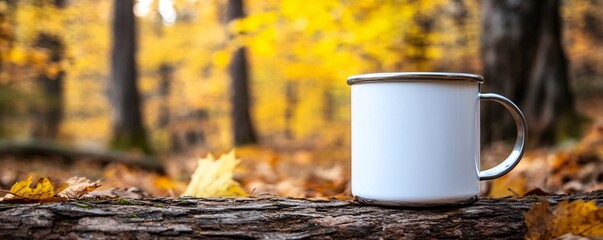 Wall Mural - White enamel mug with a silver rim sits on a log in the forest, surrounded by colorful autumn leaves, creating a cozy and inviting atmosphere