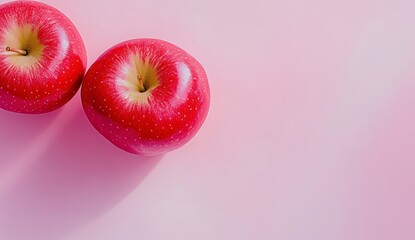 Wall Mural - Two red apples with a sparkling texture on a pink background. High angle view, copy space