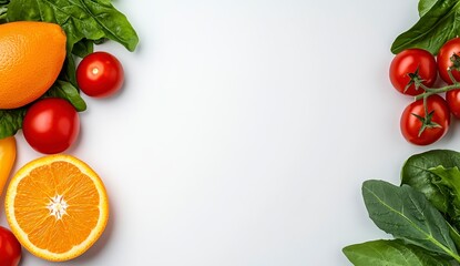 Wall Mural - Overhead arrangement of fresh produce features oranges, tomatoes, and vibrant green leafy vegetables. A clean white background, the layout emphasizes