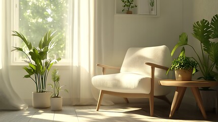 Canvas Print - Sunlit living room with armchair, plants, and side table.