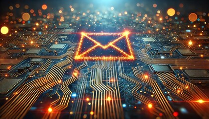 A high-tech digital landscape featuring a glowing network of circuits in the shape of an envelope, symbolizing digital communication or messaging
