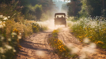 Wall Mural - A rustic dirt road bordered by wildflowers, with a blurred wagon-style vehicle kicking up dust as it moves away.