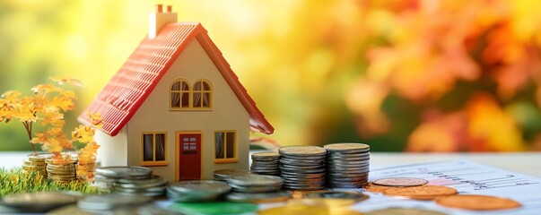 Poster - Money-saving concept for purchasing a new home: miniature house model with coins on account book against blurred autumn background