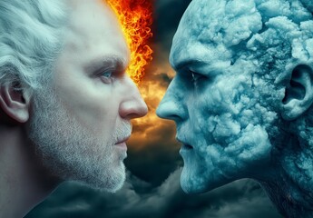 Wall Mural - Two people's faces, one covered in ice and the other in fire, face each other against a stormy sky. Intense expressions and contrasting textures