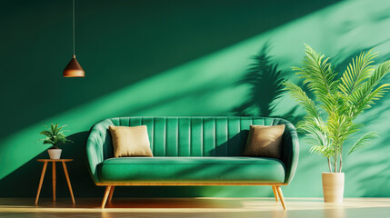 Wall Mural - Elegant green sofa in modern living room interior design inspiration stylish home decor bright natural lighting contemporary lifestyle