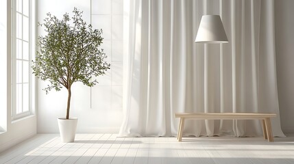 Wall Mural - Minimalist Room Decor Featuring Plant and Bench