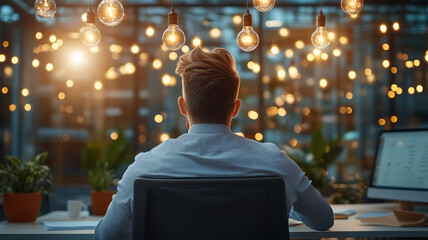 Wall Mural - man sits at desk in modern office, illuminated by warm light bulbs. atmosphere is cozy and inviting, with plants and computer in view, creating productive workspace