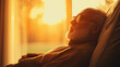 © Number One Studio - serene elderly man with beard relaxes in sunlit room, wearing sunglasses. warm glow of sunset creates peaceful atmosphere, evoking tranquility and contentment