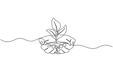 Continuous one line drawing palm hand holding together a green young plant, Hand holding plant's pot. Continuous one line drawing of back to nature theme. Growing plant in hand palm.
