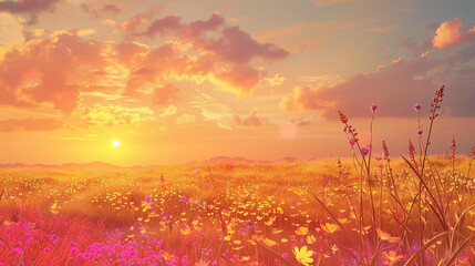 Wall Mural - A serene countryside landscape with golden fields stretching to the horizon, dotted with vibrant wildflowers under a pastel-hued sunset.