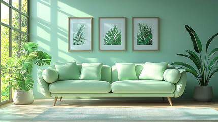 Wall Mural - Modern minimalist green sofa setup in bright living room with plants and art interior design inspiration