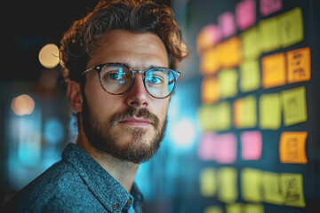 Wall Mural - Man with glasses and beard sitting in a cafe enjoying a beverage and working on a laptop