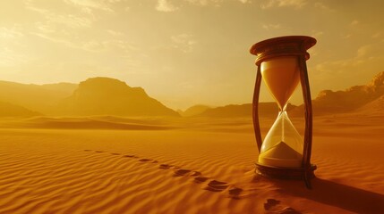 Wall Mural - Hourglass in desert sunset; footprints, mountains background; concept of time, mortality