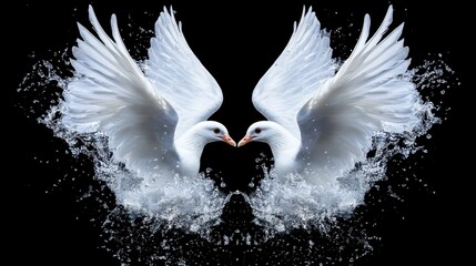 Poster - Two birds in flight, wings spread wide, creating a heart shape with their heads touching. Water splashes surround them against a dark background. The