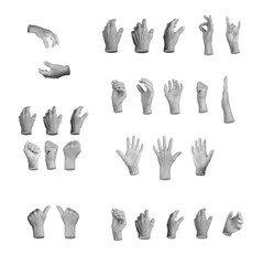 Wall Mural - Set of elderly female hands in various gestures, including gripping, grabbing, pinching, and offering empty space. Wrinkled fingers emphasizing age, expression, and movement. Isolated on white